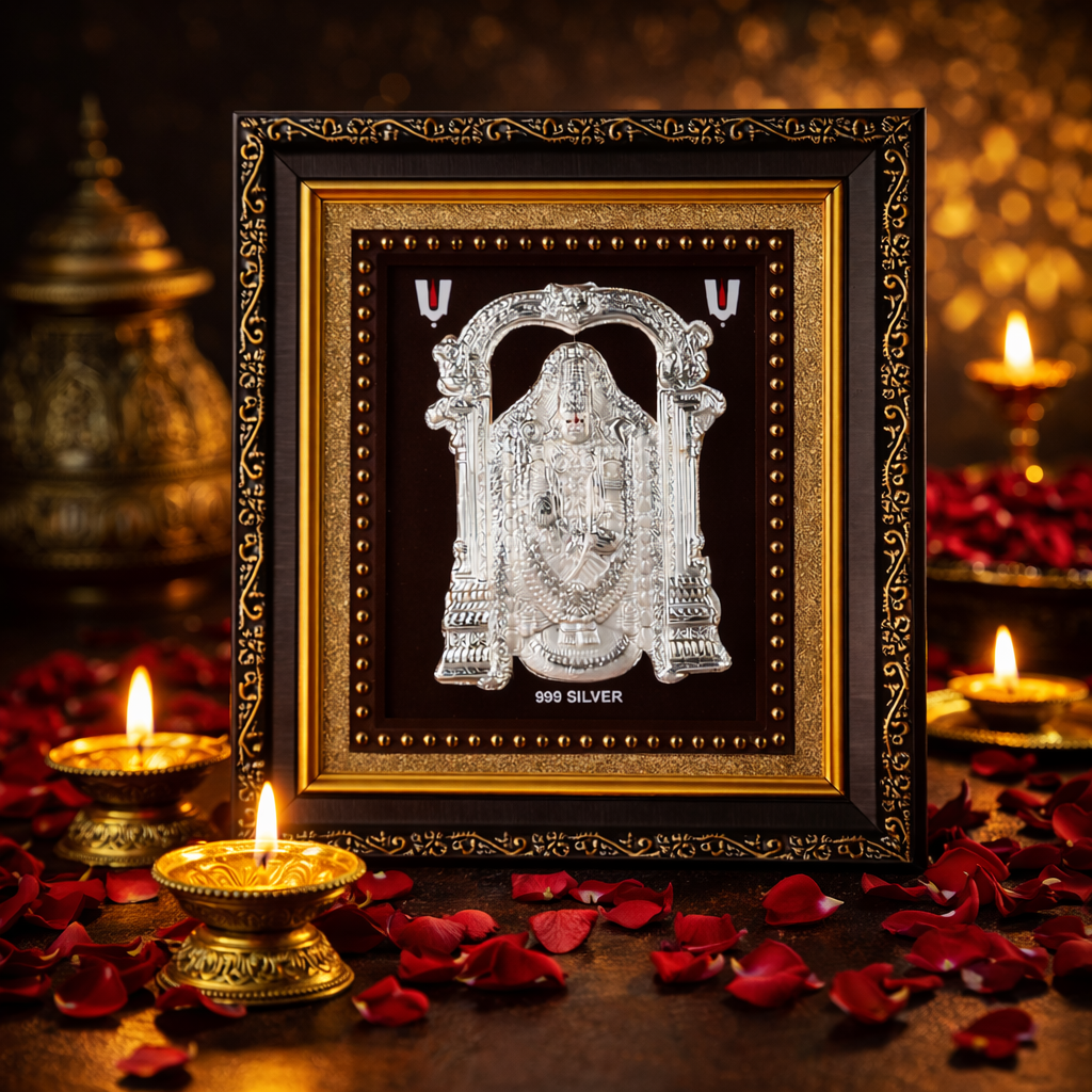 Silver Tirupati Balaji On Raw Pyrite Frame (Pure Silver 999)