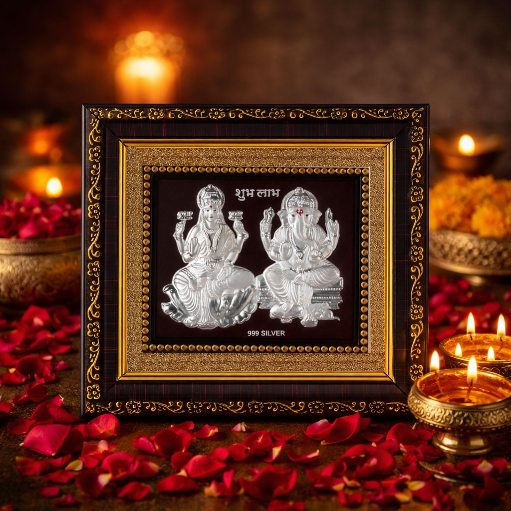 Laxmi Ganesh On Raw Pyrite Frame (Pure Silver 999)