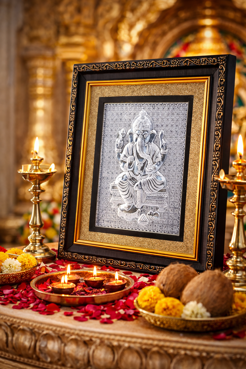 Silver Ganesh Ji On Raw Pyrite Frame (925 Pure Silver)